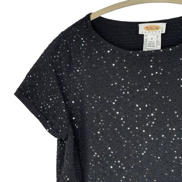 Talbots Medium Petite Black Merino Wool Short Sleeve Sweater w Sequins/Beads - Picture 3 of 9
